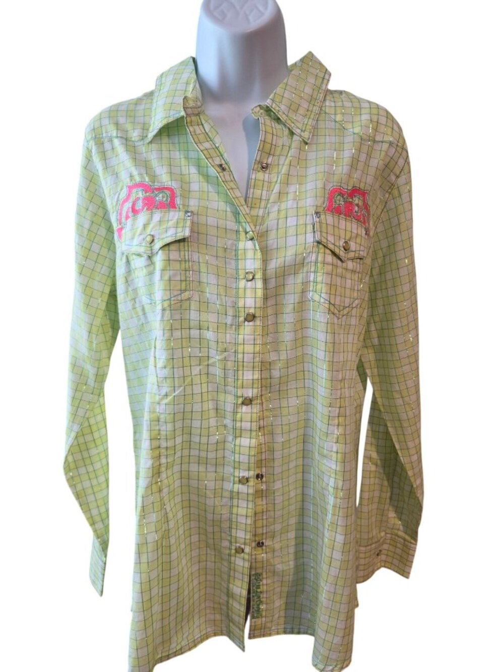 Rock 47 Wrangler Womens L Green Plaid Rose Embroidered Western Pearl Snap Shirt